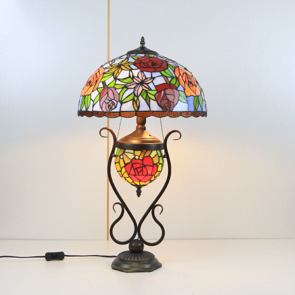 Floral Stained Glass Round 3-Light Table Lamp