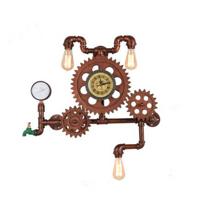 Gear Water Pipe Clock 3-Light Wall Lamp