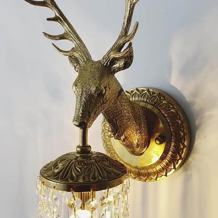 Deer Head Brass Crystal Wall Lamp