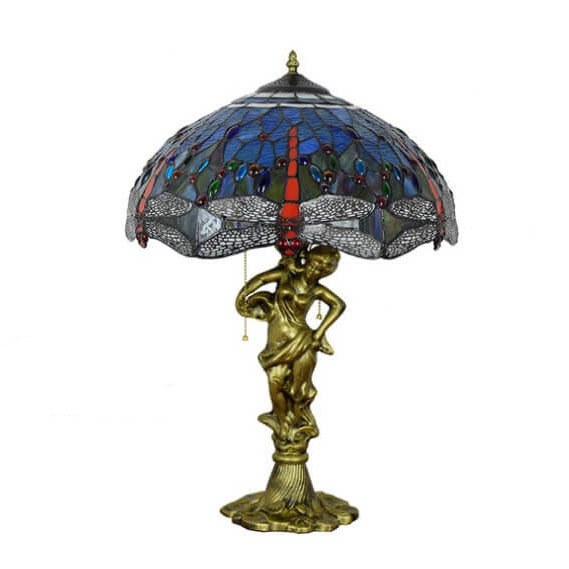 Mediterranean Dragonfly Stained Glass 3-Light Table Lamp