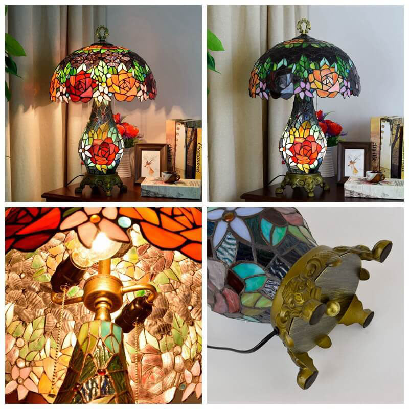 Roses Stained Glass 3-Light Table Lamp