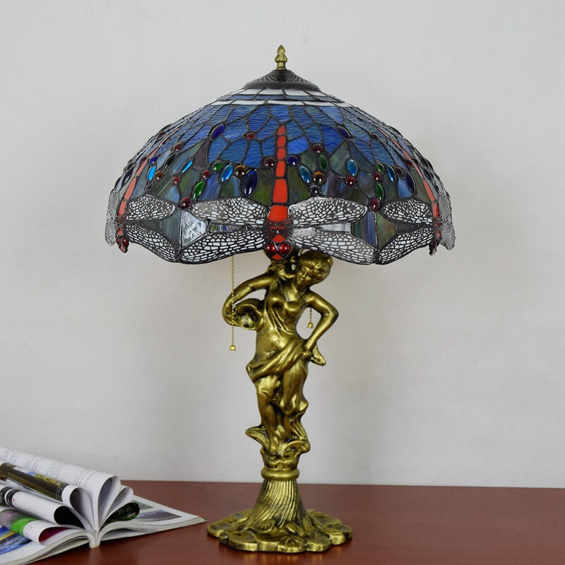 Mediterranean Dragonfly Stained Glass 3-Light Table Lamp