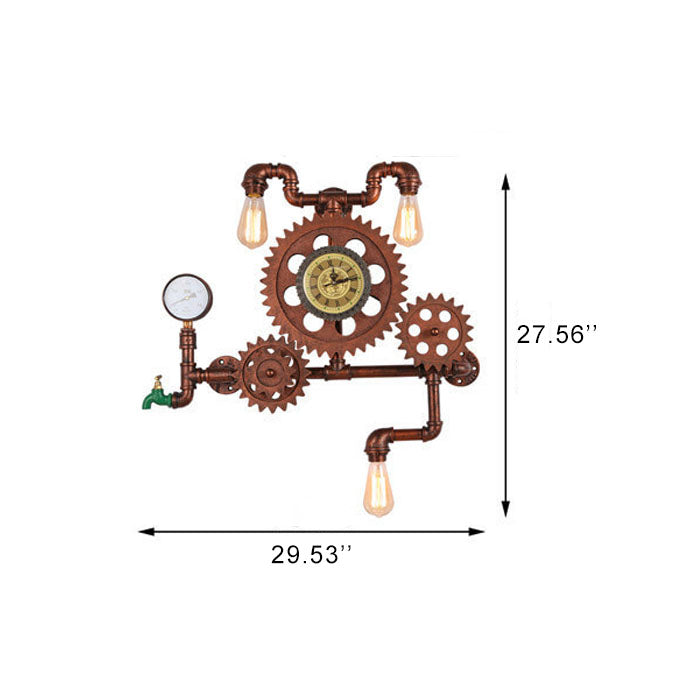 Gear Water Pipe Clock 3-Light Wall Lamp