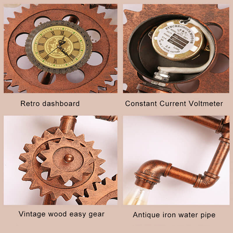 Gear Water Pipe Clock 3-Light Wall Lamp