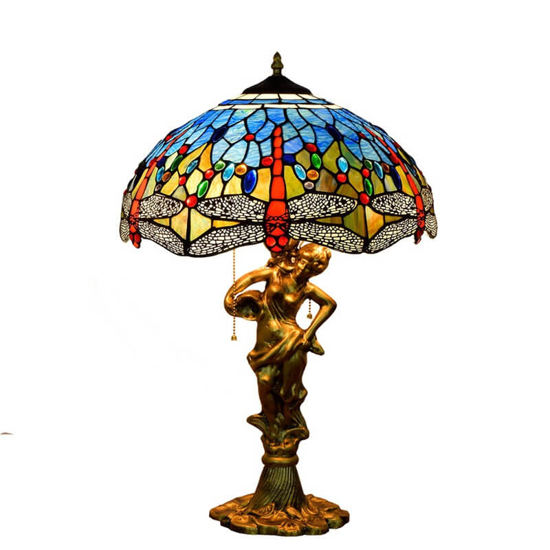 Mediterranean Dragonfly Stained Glass 3-Light Table Lamp