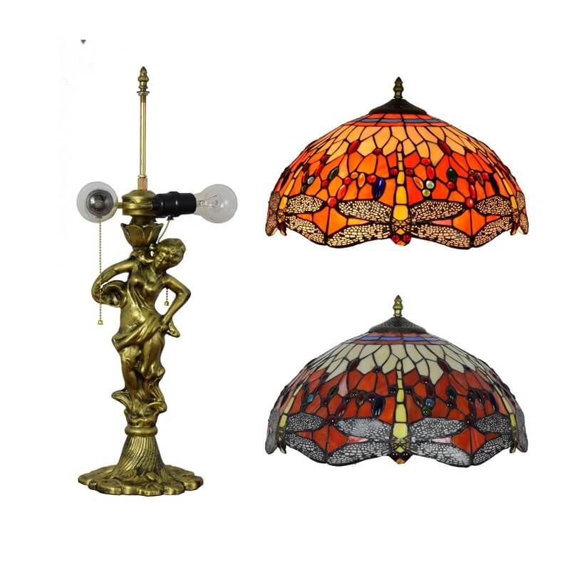 Red Dragonfly Stained Glass 3-Light Table Lamp