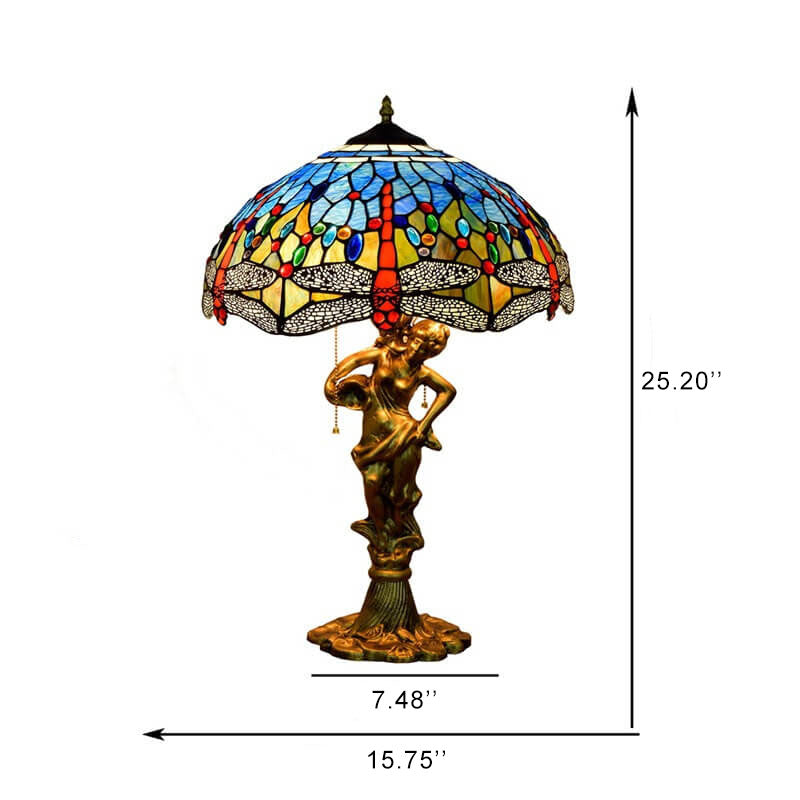 Mediterranean Dragonfly Stained Glass 3-Light Table Lamp