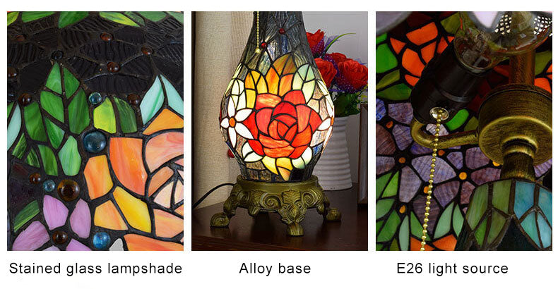 Roses Stained Glass 3-Light Table Lamp