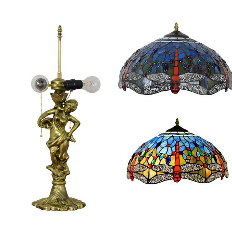 Mediterranean Dragonfly Stained Glass 3-Light Table Lamp