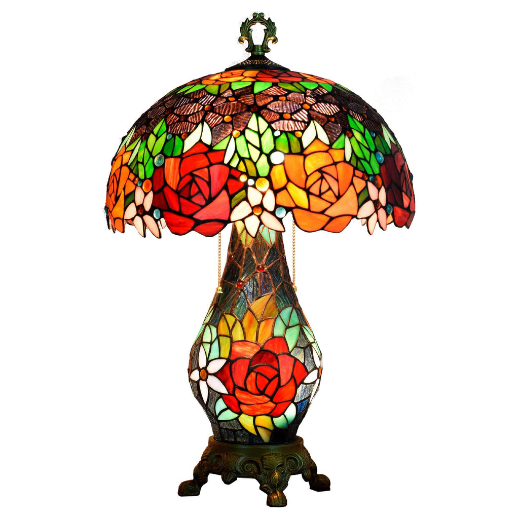 Roses Stained Glass 3-Light Table Lamp