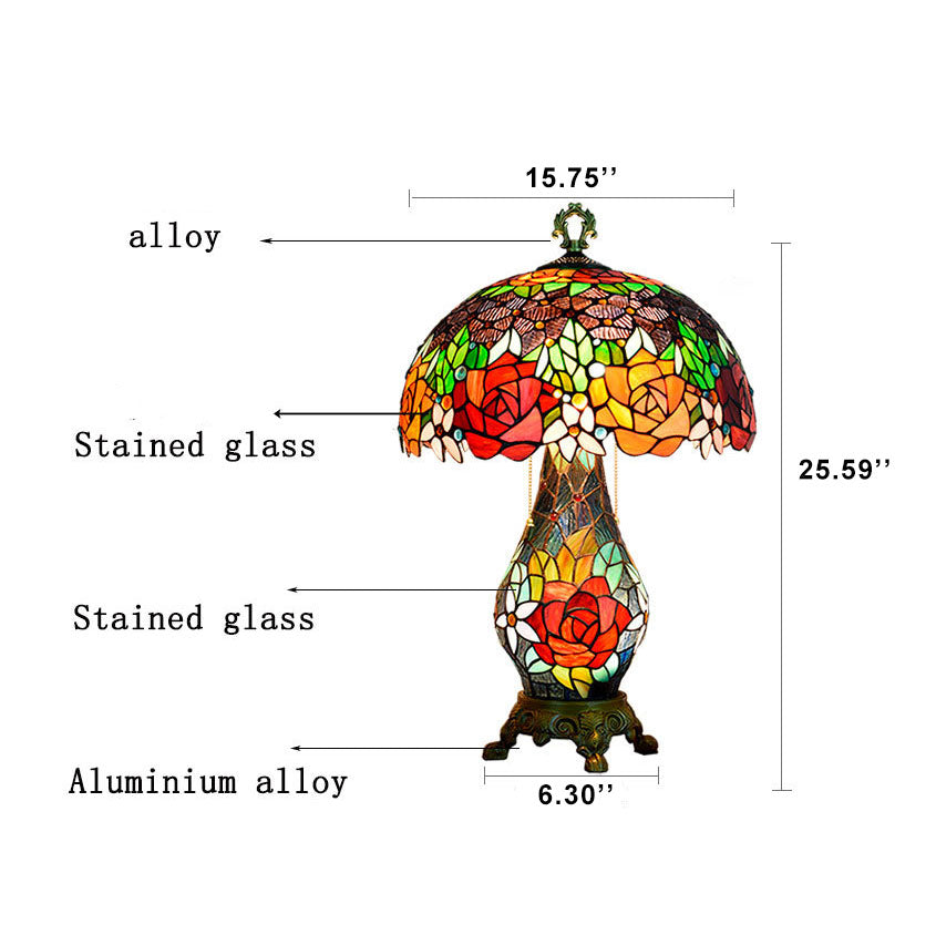 Roses Stained Glass 3-Light Table Lamp