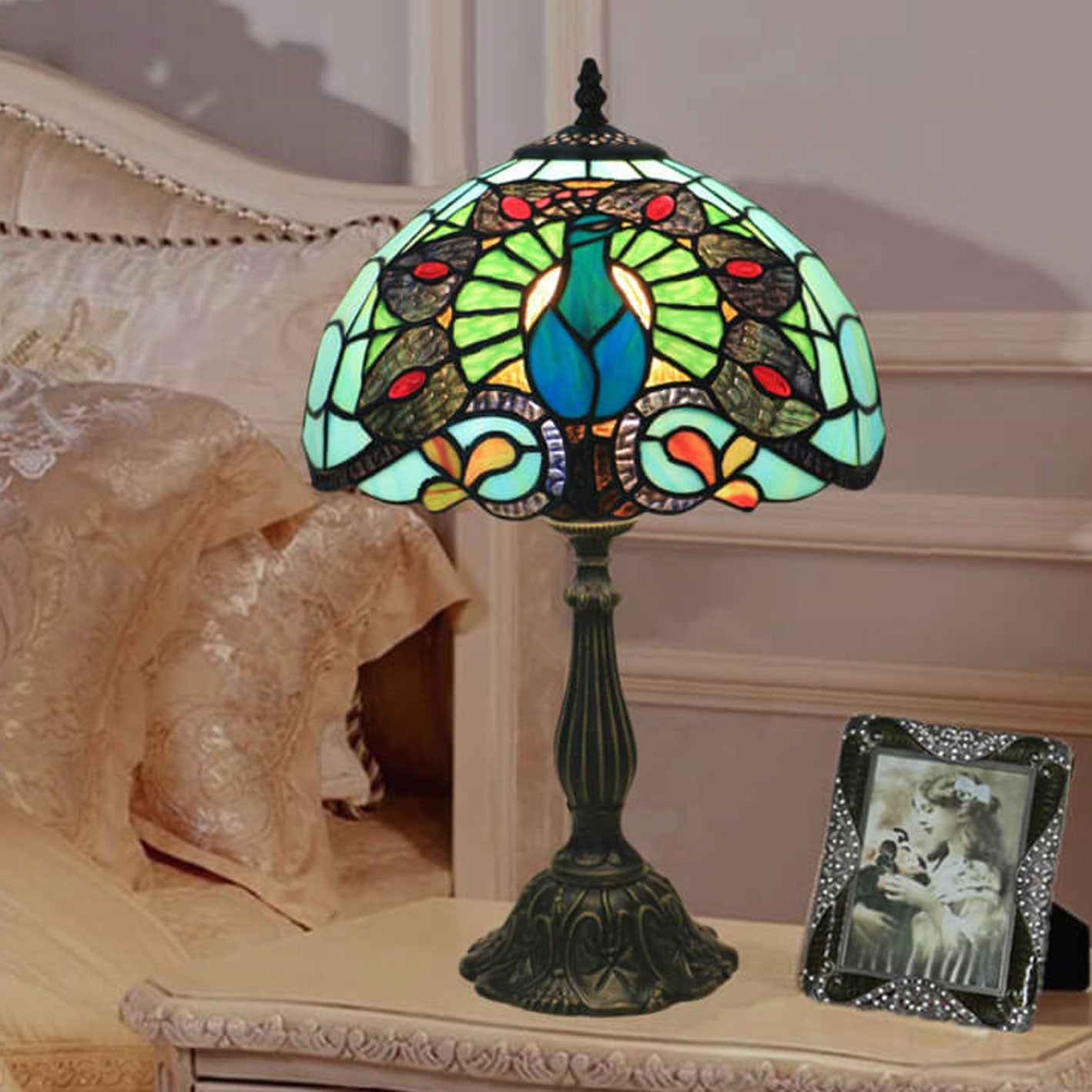 Green Peacock Stained Glass Table Lamp