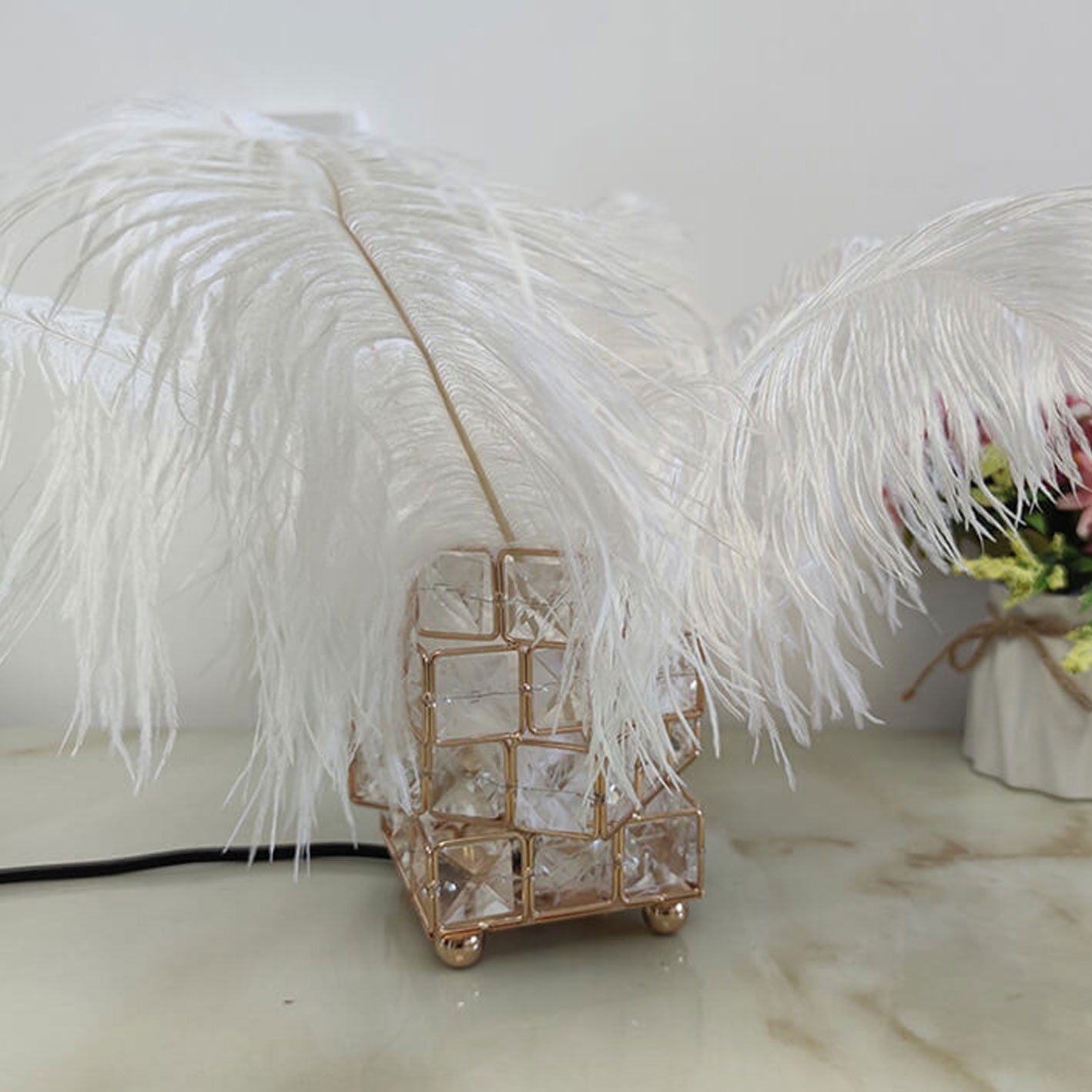 Crystal Cube Ostrich Feather Table Lamp