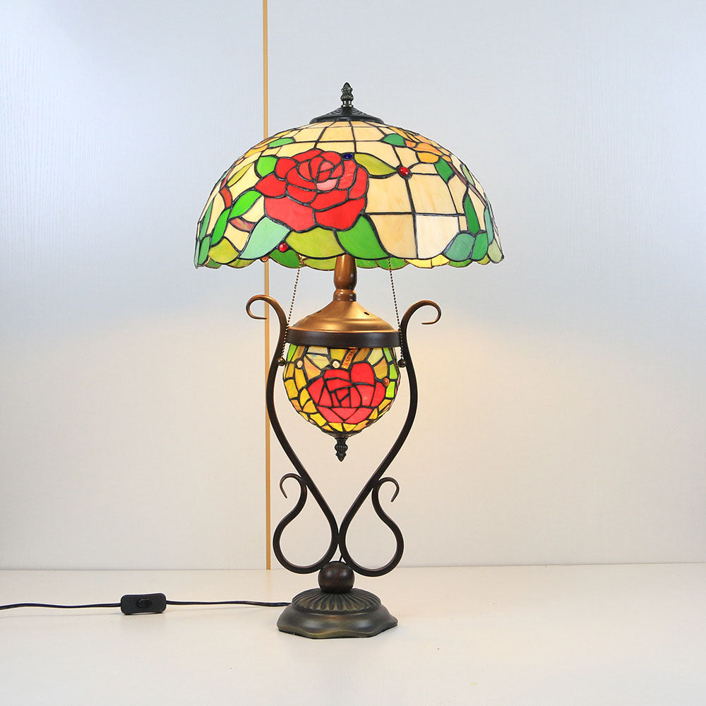 Floral Stained Glass Round 3-Light Table Lamp
