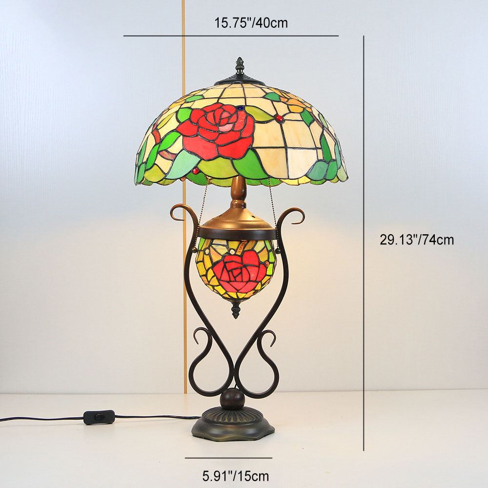 Floral Stained Glass Round 3-Light Table Lamp