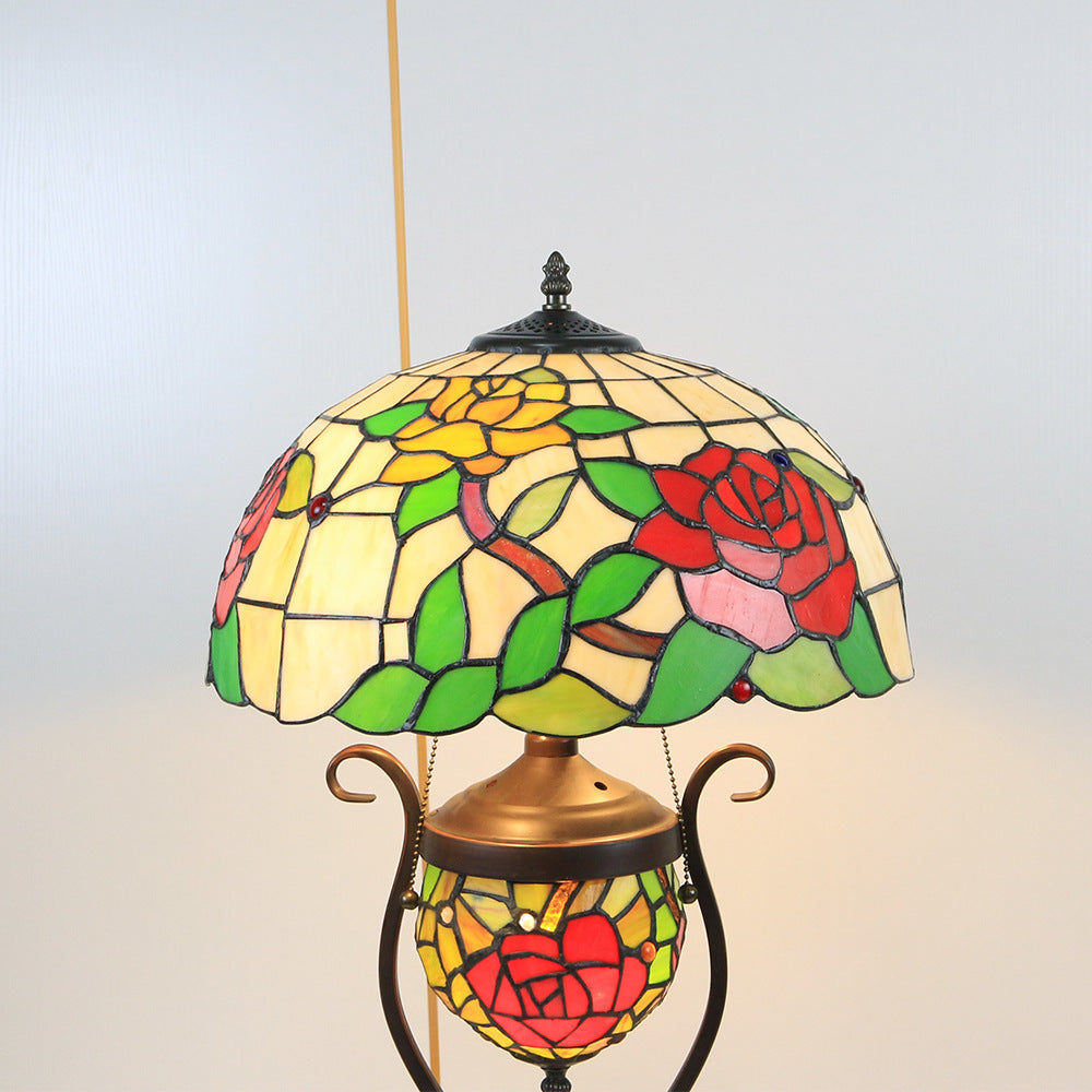 Floral Stained Glass Round 3-Light Table Lamp