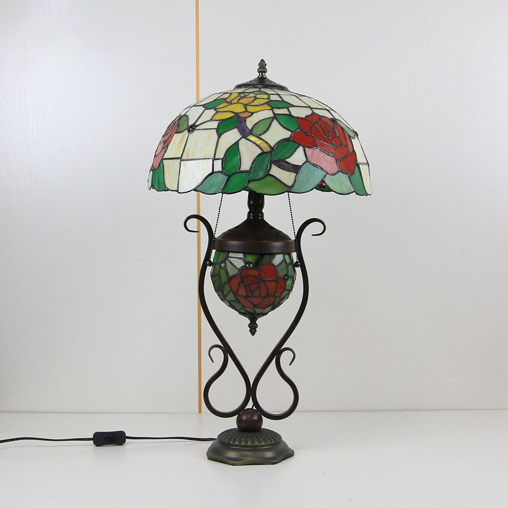 Floral Stained Glass Round 3-Light Table Lamp