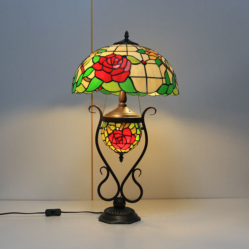 Floral Stained Glass Round 3-Light Table Lamp