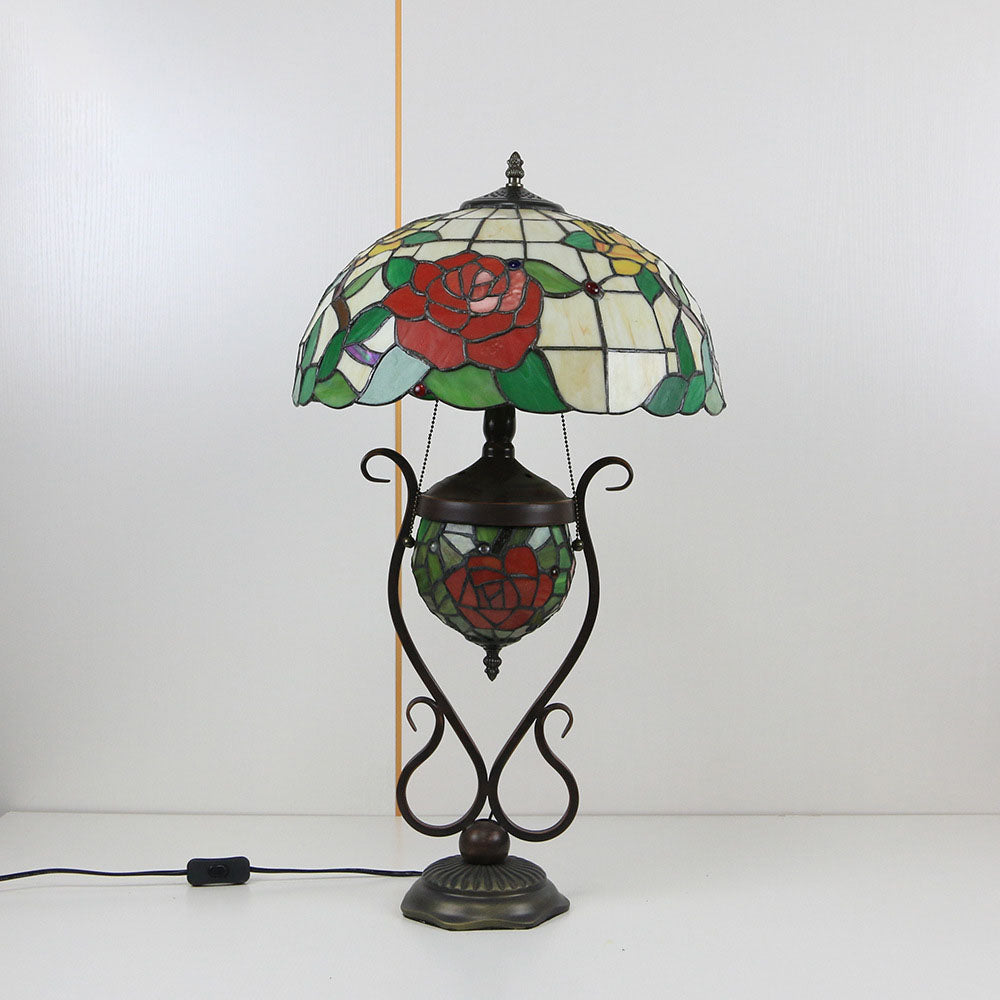 Floral Stained Glass Round 3-Light Table Lamp