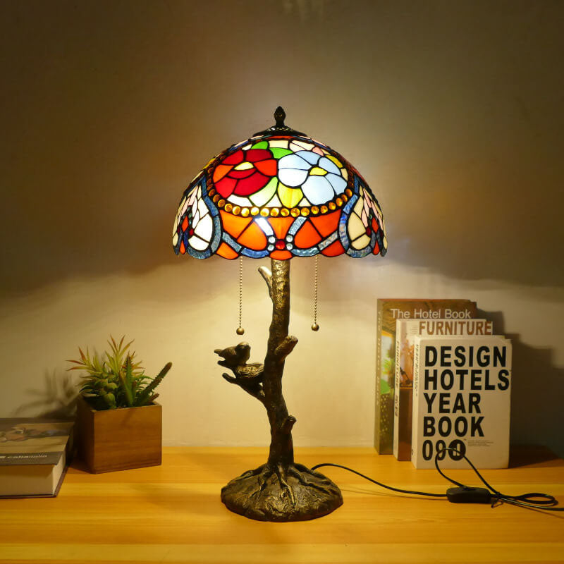 Dragonfly Flower Stained Glass 2-Light Table Lamp