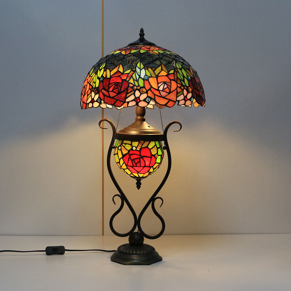 Floral Stained Glass Round 3-Light Table Lamp