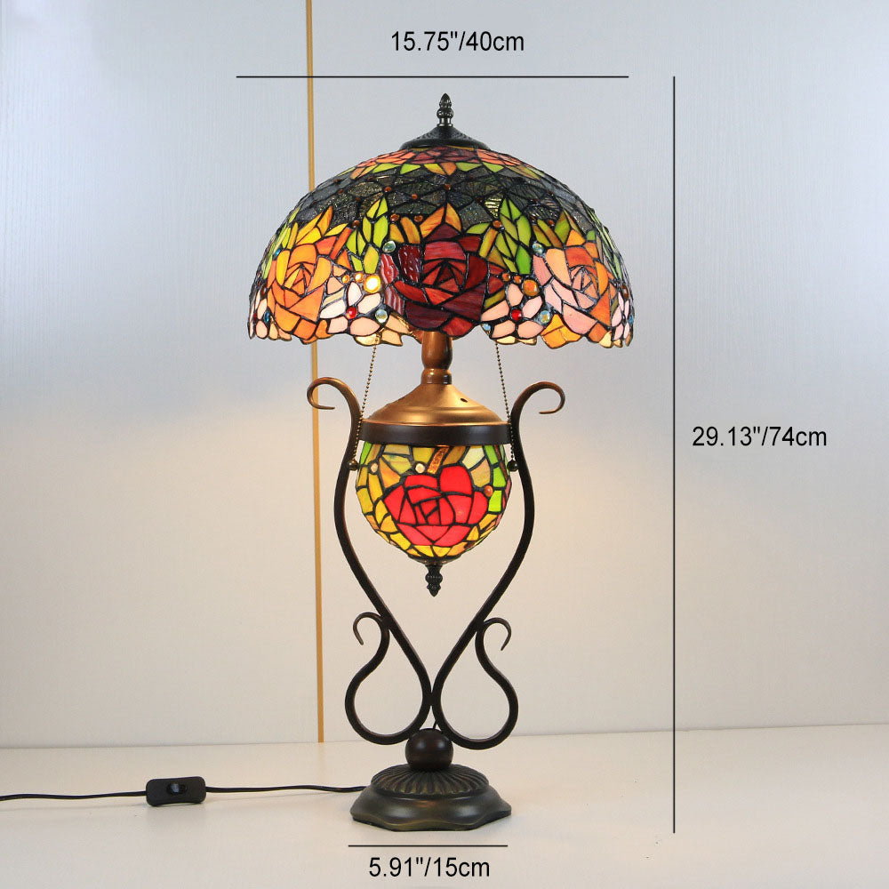 Floral Stained Glass Round 3-Light Table Lamp