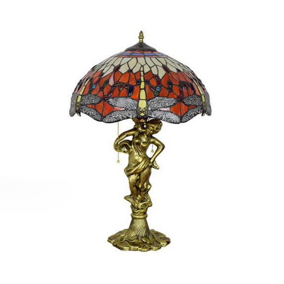 Red Dragonfly Stained Glass 3-Light Table Lamp