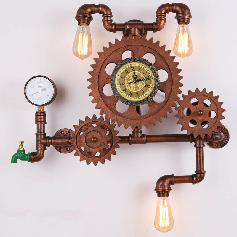 Gear Water Pipe Clock 3-Light Wall Lamp