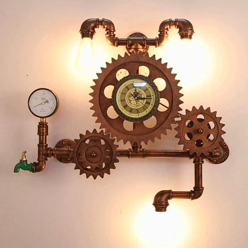 Gear Water Pipe Clock 3-Light Wall Lamp