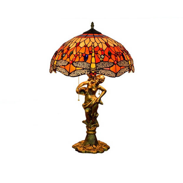 Red Dragonfly Stained Glass 3-Light Table Lamp