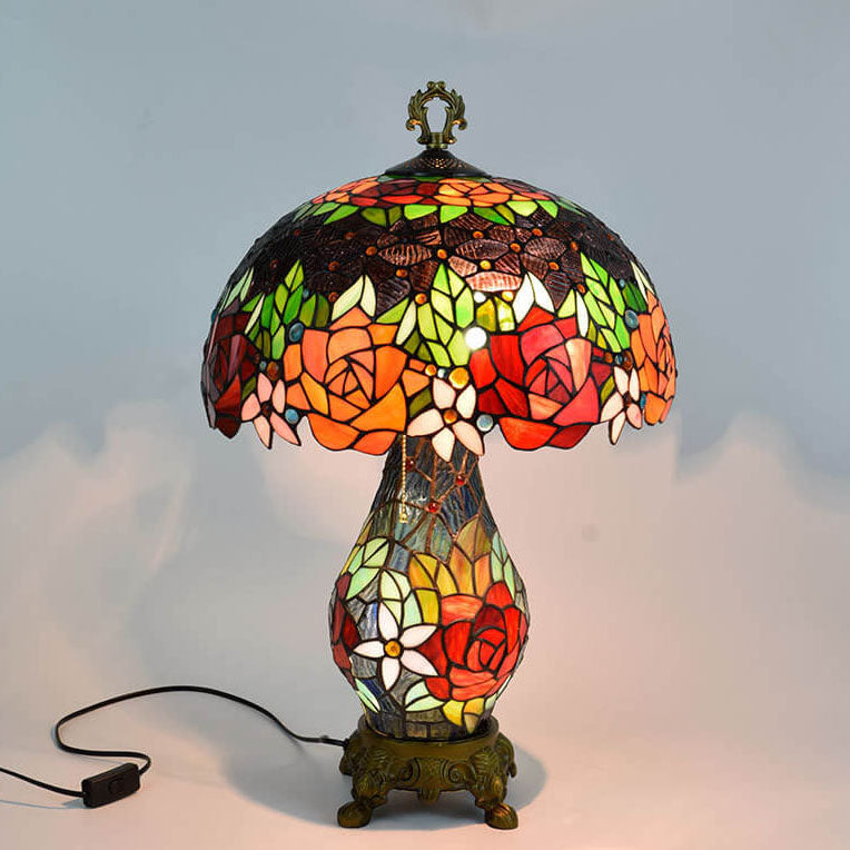 Roses Stained Glass 3-Light Table Lamp