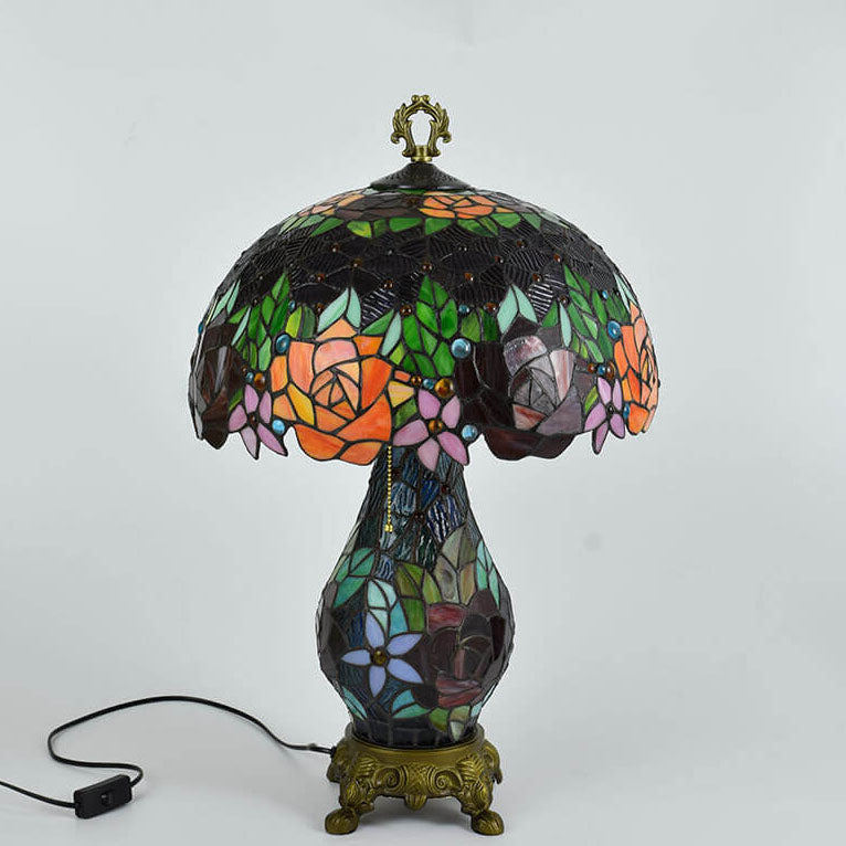 Roses Stained Glass 3-Light Table Lamp