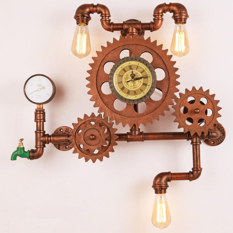 Gear Water Pipe Clock 3-Light Wall Lamp