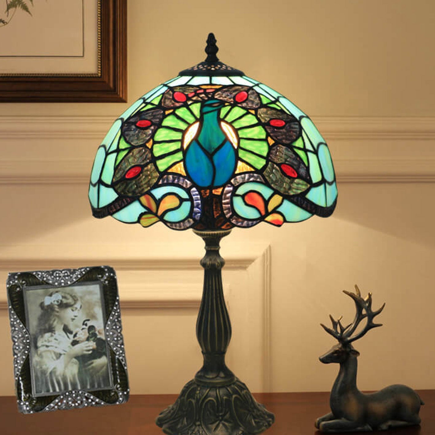 Green Peacock Stained Glass Table Lamp