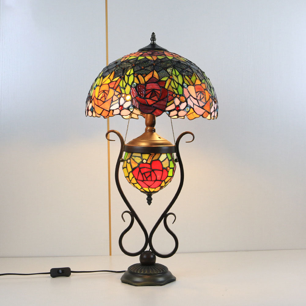 Floral Stained Glass Round 3-Light Table Lamp