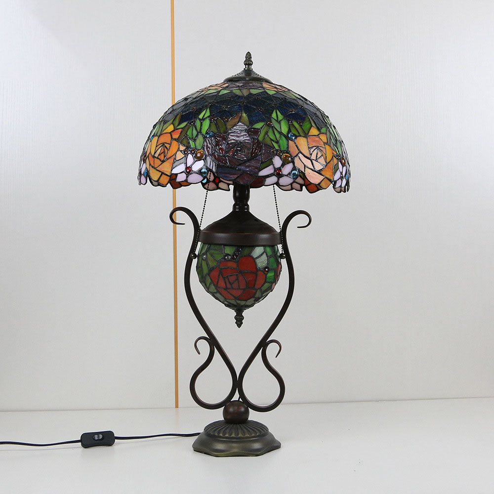 Floral Stained Glass Round 3-Light Table Lamp