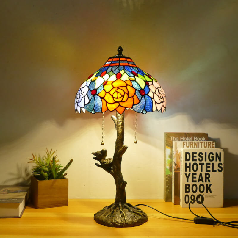 Dragonfly Flower Stained Glass 2-Light Table Lamp