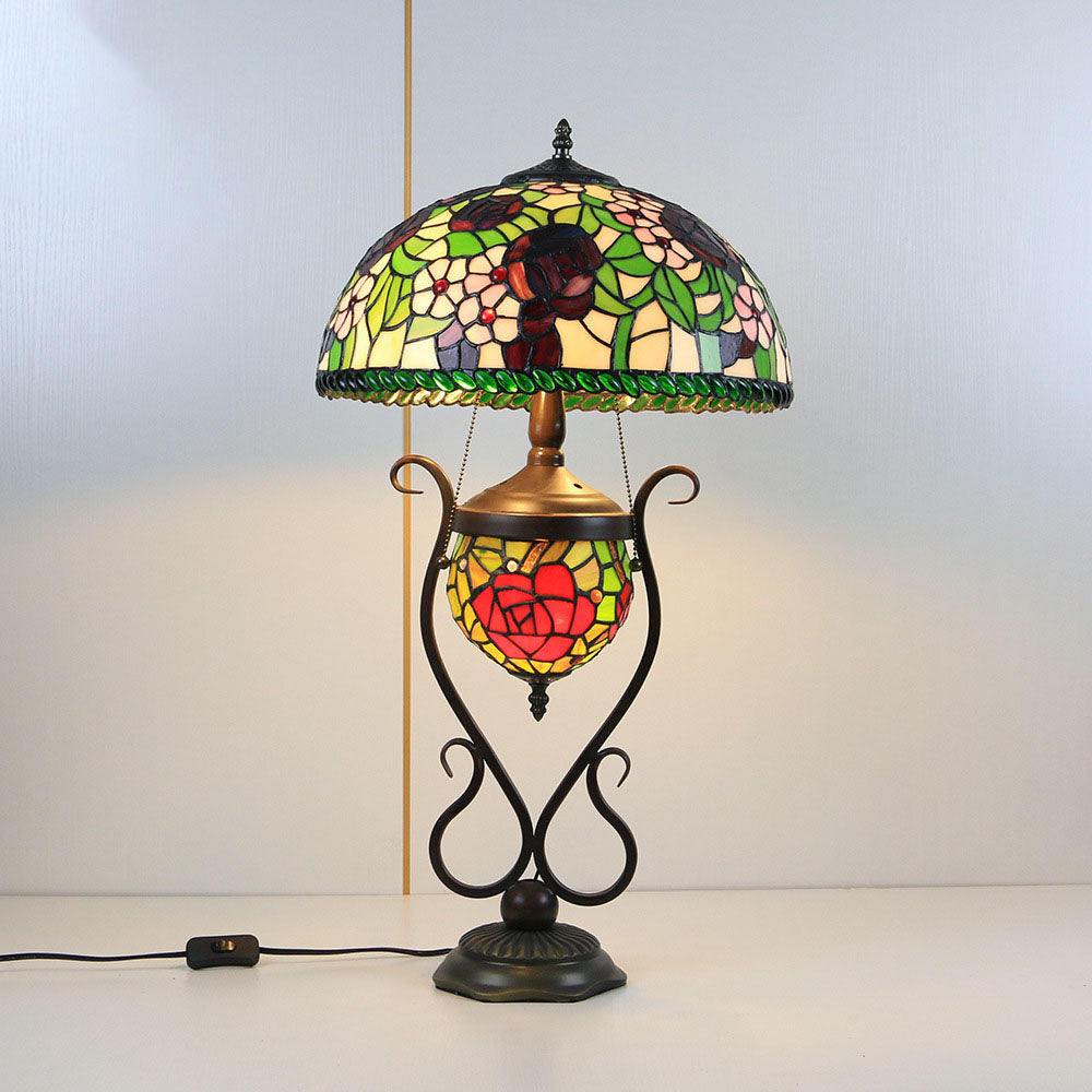 Floral Stained Glass Round 3-Light Table Lamp