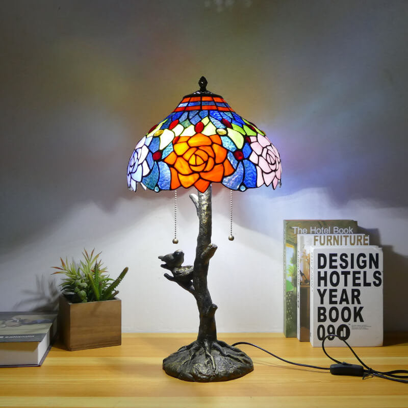 Dragonfly Flower Stained Glass 2-Light Table Lamp