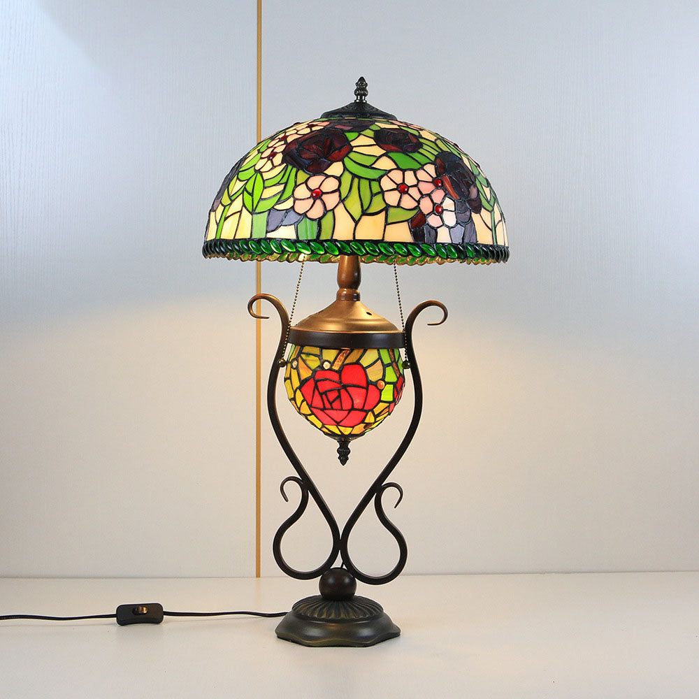 Floral Stained Glass Round 3-Light Table Lamp