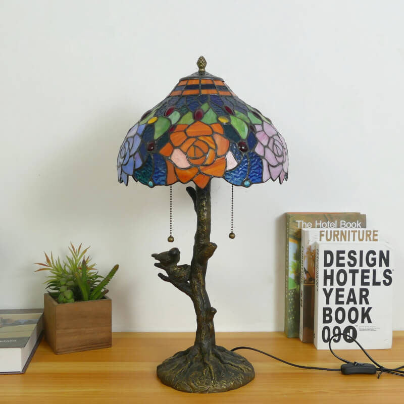 Dragonfly Flower Stained Glass 2-Light Table Lamp