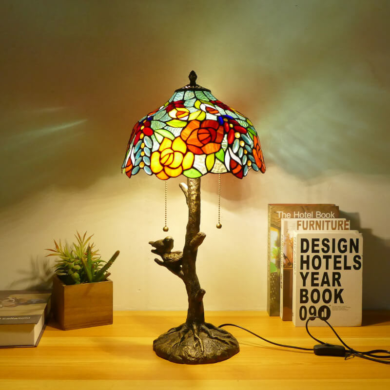 Dragonfly Flower Stained Glass 2-Light Table Lamp