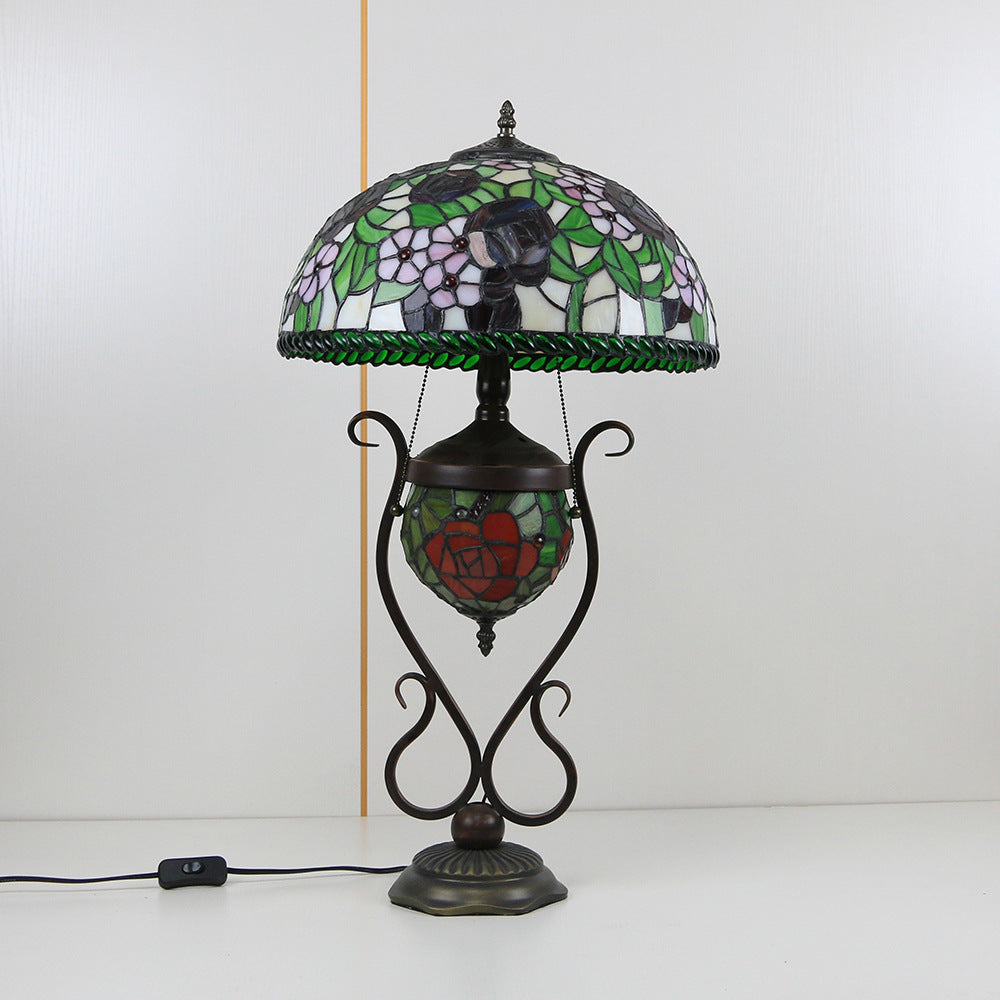 Floral Stained Glass Round 3-Light Table Lamp