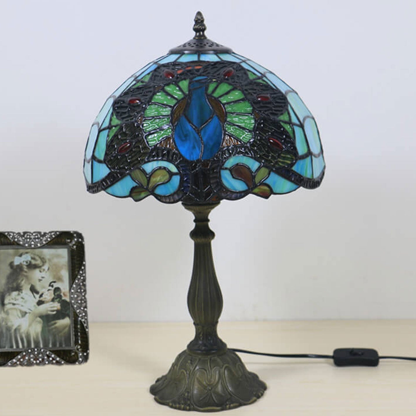 Green Peacock Stained Glass Table Lamp