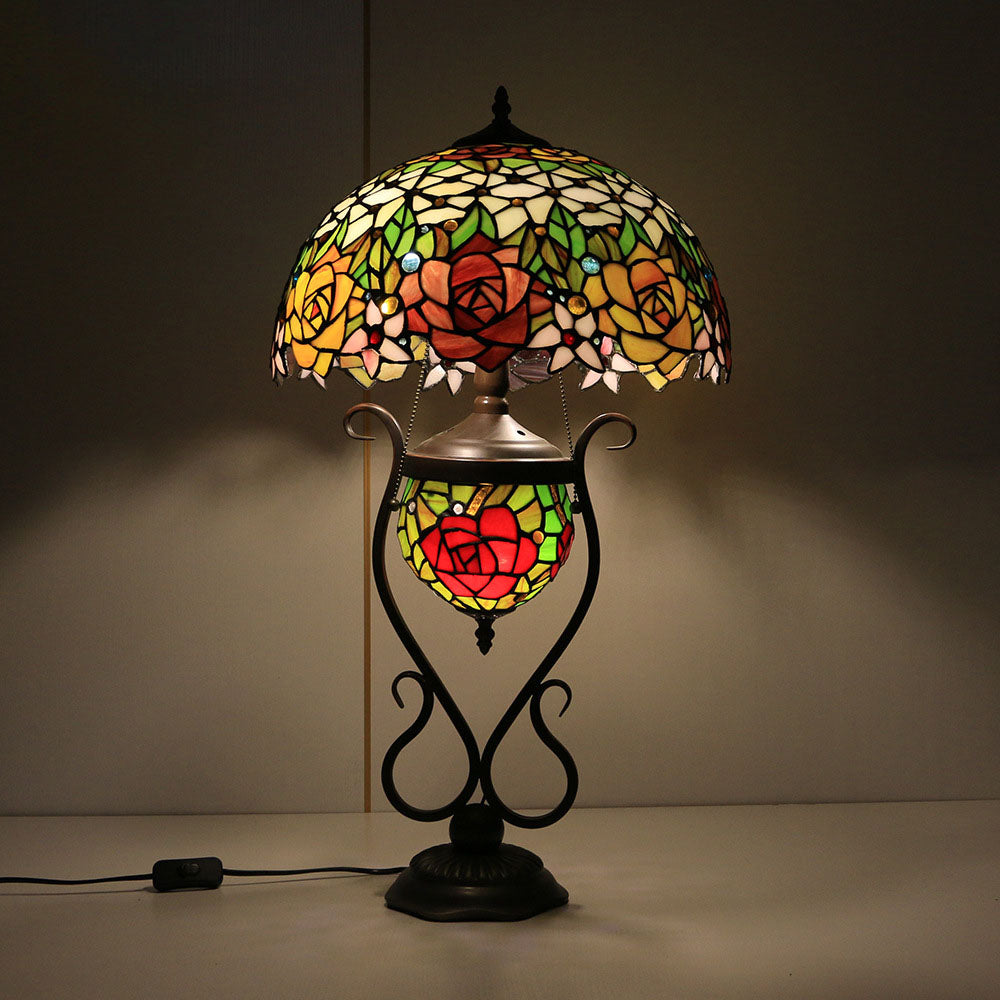 Floral Stained Glass Round 3-Light Table Lamp