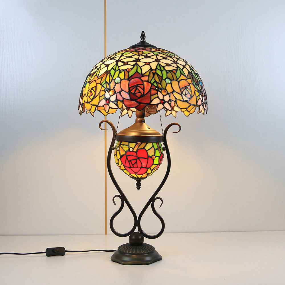 Floral Stained Glass Round 3-Light Table Lamp