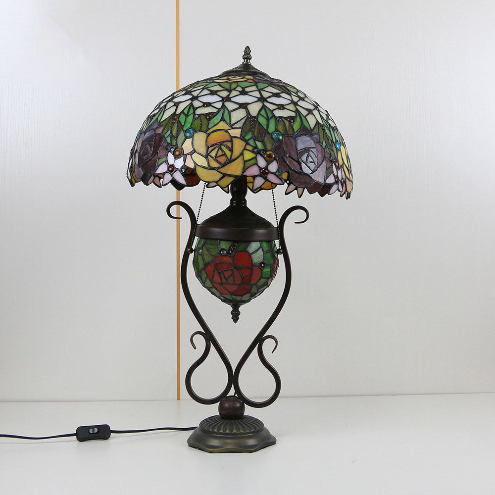 Floral Stained Glass Round 3-Light Table Lamp
