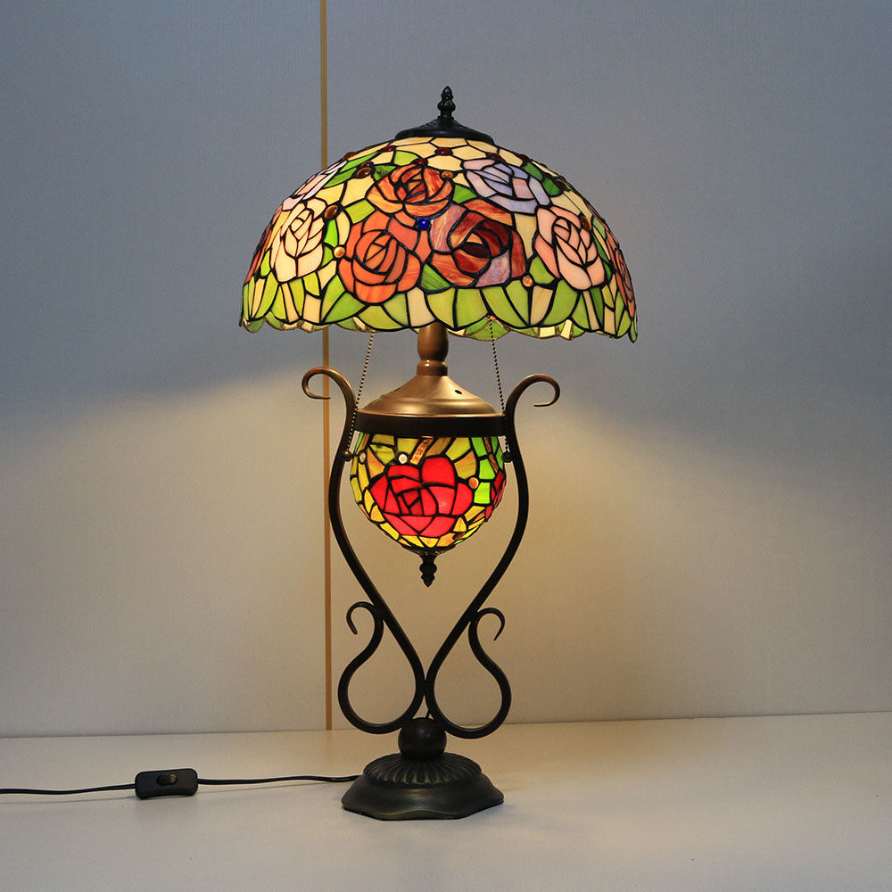 Floral Stained Glass Round 3-Light Table Lamp