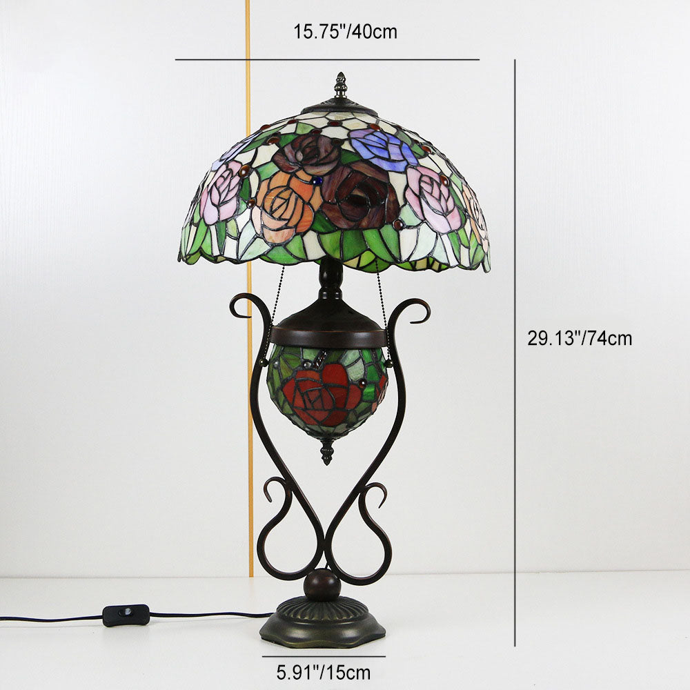 Floral Stained Glass Round 3-Light Table Lamp