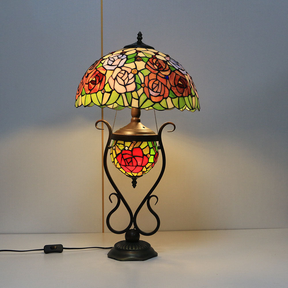 Floral Stained Glass Round 3-Light Table Lamp